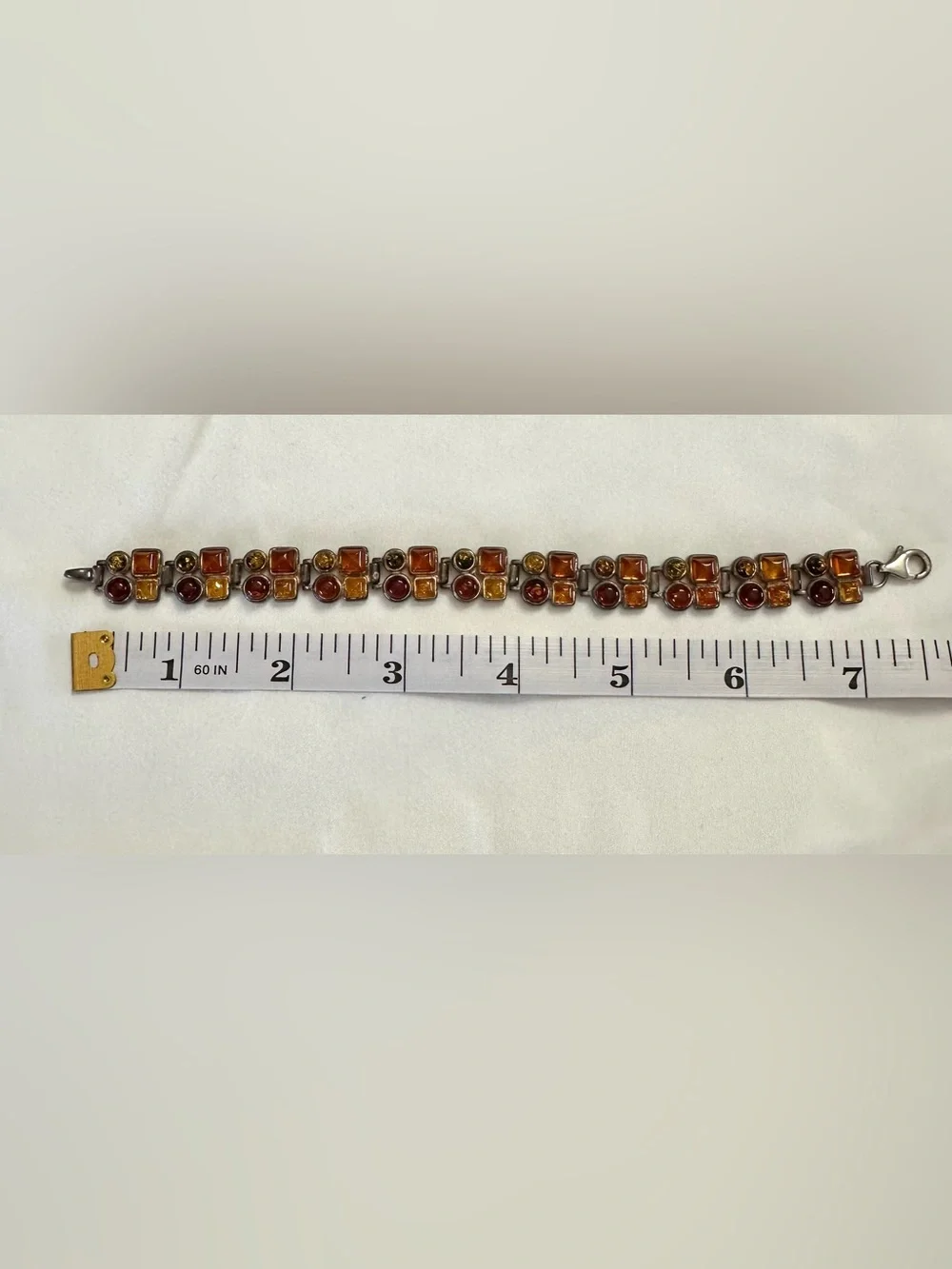 925 Sterling Silver Baltic Amber Geometric Link Bracelet 7.25”